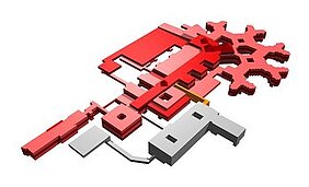 Eine abstrakte grafische Darstellung mit roten und grauen geometrischen Formen, die verschiedene Teile schematisch anordnet. Einige Elemente sind ineinander verschachtelt, was eine komplexe Struktur suggeriert. Die Darstellung könnte in einem technischen oder designbezogenen Kontext stehen.