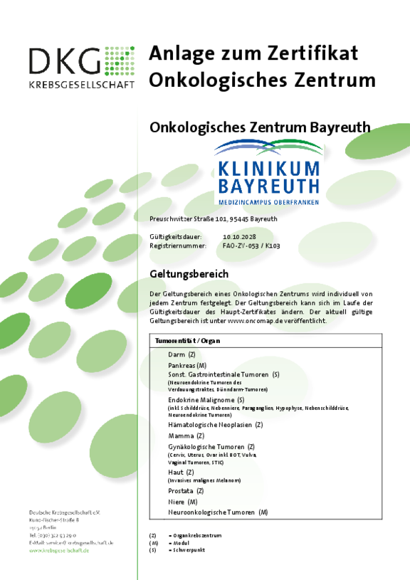 Anlage zum Zertifikat der Deuschen Krebsgesellschaft für das Onkologische Zentrum der Klinikum Bayreuth GmbH mit Gültigkeit bis 10.10.2028.