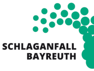 Logo mit Text „Schlaganfall Bayreuth“. Rechts daneben bilden grüne, unterschiedlich große Kreise einen bogenförmigen Schwarm, der an ein stilisiertes Gehirn erinnert. Schwarze Blockschrift.