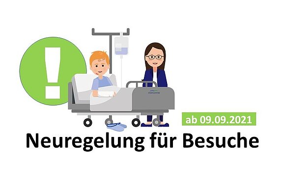 Illustration eines Patienten im Krankenhausbett mit Besucherin; daneben ein grünes Ausrufezeichen. Darunter Text: „Neuregelung für Besuche, ab 09.09.2021“. Hinweis auf geänderte Krankenhaus-Besuchsregeln.
