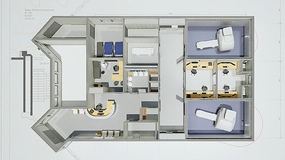 Draufsicht eines 3D-Grundrisses einer radiologischen Einrichtung: zwei große Untersuchungsräume mit bildgebenden Geräten, daneben Kontrollräume mit Arbeitsplätzen. Zentral liegen Empfang, Wartebereich und mehrere Funktions- und Nebenräume. Klare Raumaufteilung für Patientenfluss und Technik.
