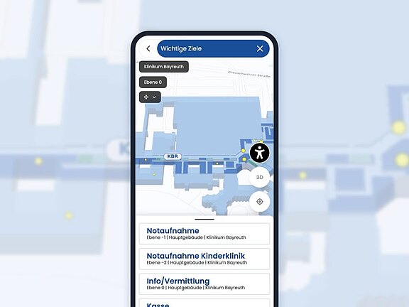 Digitale Wegeleitung auf dem Smartphone: Karte des Klinikums Bayreuth mit der Liste „Wichtige Ziele“, darunter Notaufnahme und Information.