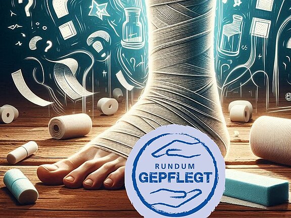 Nahaufnahme eines Fußes und Unterschenkels, sorgfältig bandagiert. Umgeben von Verbandsmaterial auf Holzoberfläche. Ein Siegel mit der Aufschrift „RUNDUM GEPFLEGT“ betont professionelle Wund- und Fußpflege.