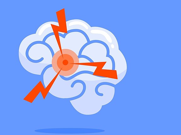 Illustration eines Gehirns; im Zentrum ein roter Zielpunkt, aus dem rote Zickzackblitze ausgehen. Symbol für akute Kopfschmerzen, Migräne oder neurologischen Schmerz.
