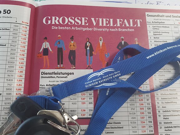 Magazinseite mit der Überschrift "GROSSE VIELFALT" und dem Untertitel "Die besten Arbeitgeber Diversity nach Branchen". Dazu eine Illustration verschiedener Menschen, die Vielfalt in Beruf und Herkunft symbolisieren.