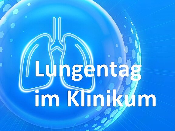 Blaue Grafik mit stilisierten Lungen; großer Schriftzug: Lungentag im Klinikum. Hinweis auf Veranstaltung oder Informationstag zur Lunge im Krankenhaus.