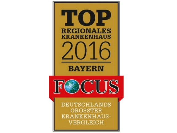 Auszeichnungssiegel: Top Regionales Krankenhaus 2016 in Bayern, verliehen von Focus, basierend auf Deutschlands größtem Krankenhausvergleich.