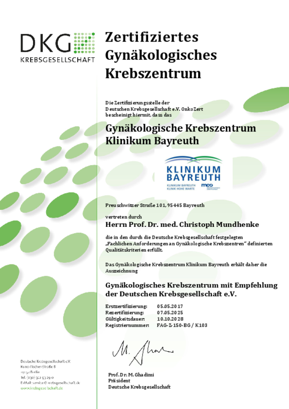 Zertifikat der Deuschen Krebsgesellschaft für das Gynäkologische Krebszentrum der Klinikum Bayreuth GmbH mit Gültigkeit bis 10.10.2028.
