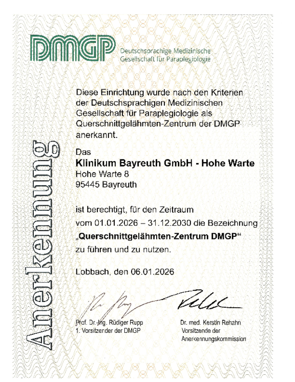 Zertifikat der Deutschsprachigen Gesellschaft für Paraplegiologie. Die Klinikum Bayreuth GmbH darf die Bezeichnung Querschnittgelähmten-Zentrum DMPG führen. Das Zertifikat hat eine Gültigkeit bis 31. Dezember 2030.