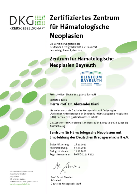 Zertifikat der Deuschen Krebsgesellschaft für das Zentrum für Hämatologische Neoplasien der Klinikum Bayreuth GmbH mit Gültigkeit bis 10.10.2028.