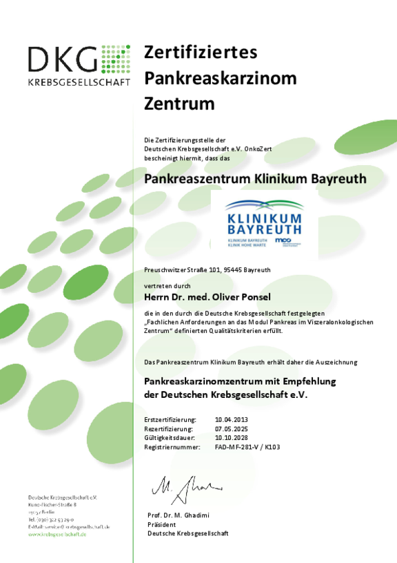 Zertifikat der Deuschen Krebsgesellschaft für das Pankreaszentrum der Klinikum Bayreuth GmbH mit Gültigkeit bis 10.10.2028.