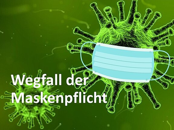 Grafik mit grünen Viruspartikeln; ein Virus trägt eine OP-Maske. Daneben der Schriftzug: „Wegfall der Maskenpflicht“. Aussage: Hinweis, dass die Maskenpflicht aufgehoben wird.