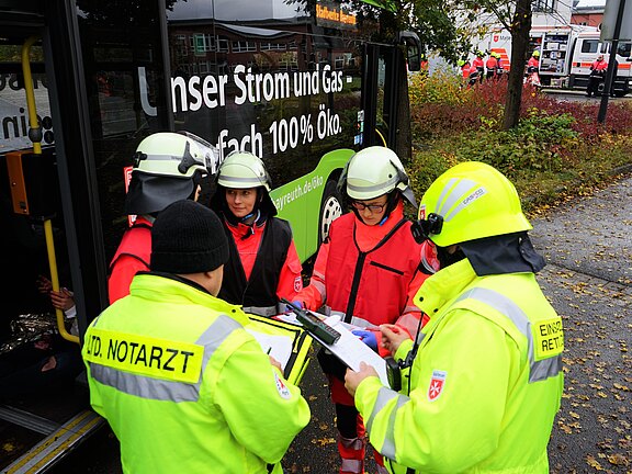 Ein Rettungsteam steht in der Nähe eines Busses, während sie eine Situation besprechen. Einige Teammitglieder tragen orangefarbene Jacken und Helme, während ein Notarzt in einer gelben Jacke Notizen macht. Im Hintergrund sind weitere Rettungskräfte und ein Einsatzfahrzeug sichtbar.