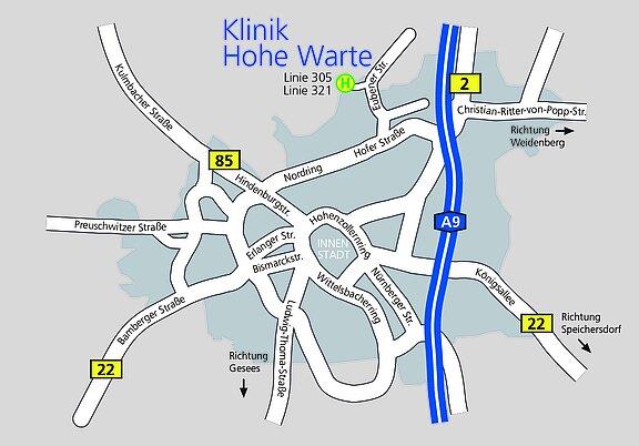 Bild eines Stadtplans mit Anfahrtmöglichkeiten zru Klinik Hohe Warte