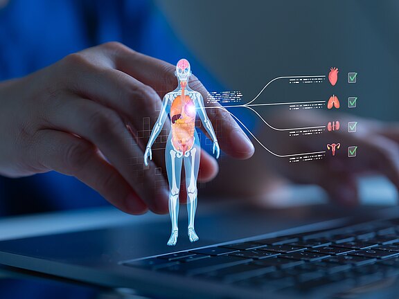 Hände bedienen einen Laptop; darüber schwebt ein digitales 3D‑Modell eines menschlichen Körpers mit hervorgehobenen Organen. Linien führen zu Symbolen für Herz, Lunge, Niere und Fortpflanzungsorgane, jeweils mit grünen Häkchen. Darstellung medizinischer Analyse und Diagnostik per Computer.