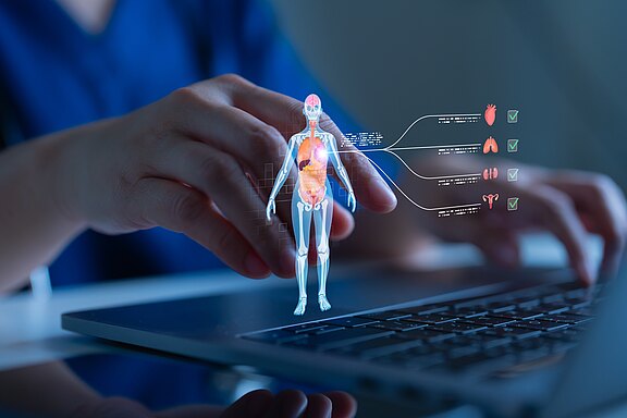 Hände bedienen einen Laptop; darüber schwebt ein digitales 3D‑Modell eines menschlichen Körpers mit hervorgehobenen Organen. Linien führen zu Symbolen für Herz, Lunge, Niere und Fortpflanzungsorgane, jeweils mit grünen Häkchen. Darstellung medizinischer Analyse und Diagnostik per Computer.