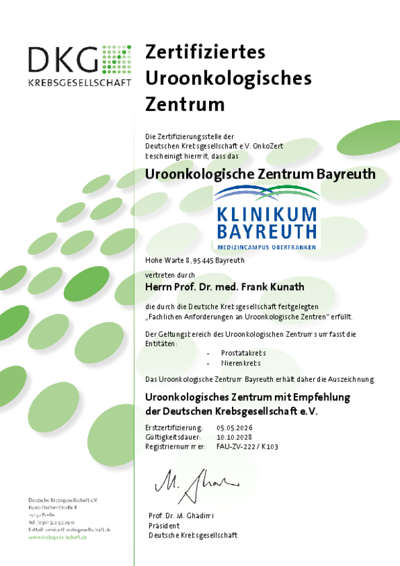 Zertifikat der Deuschen Krebsgesellschaft für das Uroonkologische Zentrum der Klinikum Bayreuth GmbH mit Gültigkeit bis 10.10.2028. Es umfasst die Entitäten Prostatakrebs und Nierenkrebs.