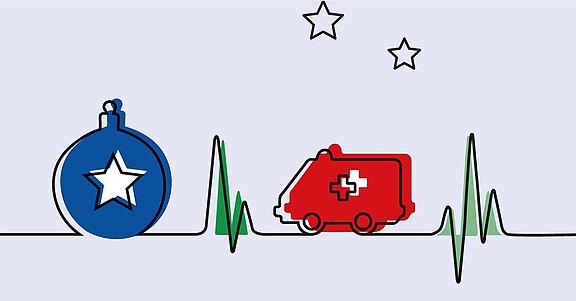 Illustration: Ein durchgehender Linienzug bildet eine grüne Herzschlaglinie, daneben eine rote Rettungswagen-Silhouette. Links eine blaue Weihnachtskugel mit Stern. Motiv verbindet Notfallmedizin mit Weihnachtszeit.