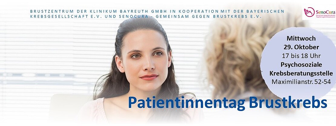 Banner: Patientinnentag Brustkrebs. Foto: Frau im Beratungsgespräch. Termin: Mittwoch, 29. Oktober, 17–18 Uhr. Ort: Psychosoziale Krebsberatungsstelle, Maximilianstraße 52–54.