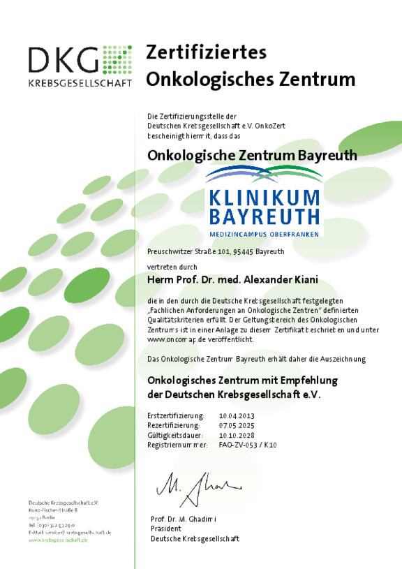 Zertifikat der Deuschen Krebsgesellschaft für das Onkologische Zentrum der Klinikum Bayreuth GmbH mit Gültigkeit bis 10.10.2028.