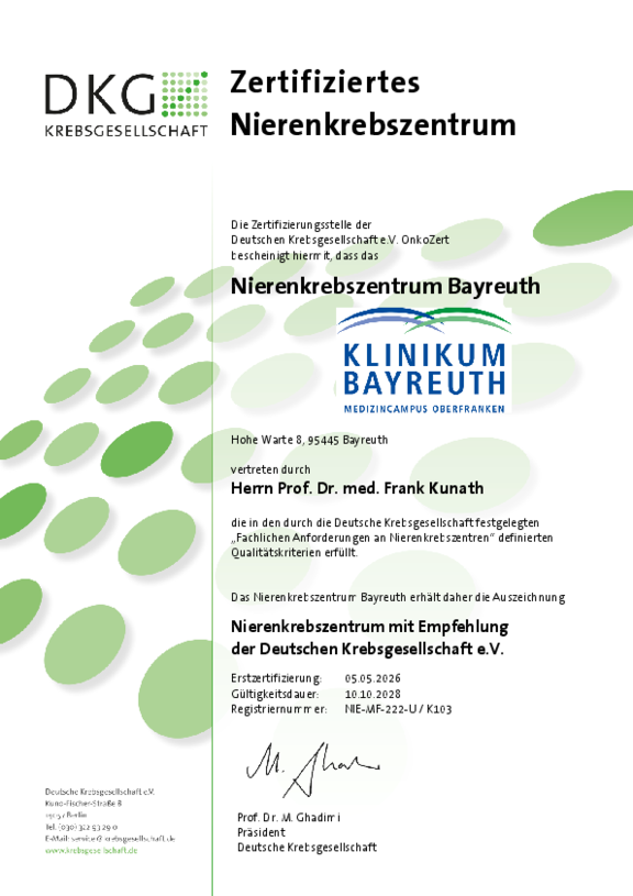 Zertifikat der Deuschen Krebsgesellschaft für das Nierenkrebszentrum der Klinikum Bayreuth GmbH mit Gültigkeit bis 10.10.2028.
