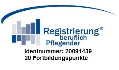 Logo der Registrierung beruflich Pflegender mit Balkensymbol. Textangaben: Identnummer 20091439 und 20 Fortbildungspunkte. Signalisiert anerkannte Weiterbildung im Pflegebereich.