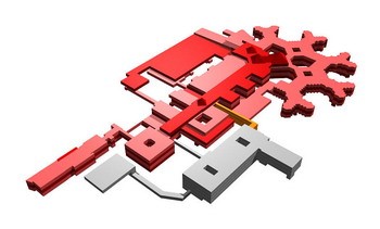 Eine abstrakte grafische Darstellung mit roten und grauen geometrischen Formen, die verschiedene Teile schematisch anordnet. Einige Elemente sind ineinander verschachtelt, was eine komplexe Struktur suggeriert. Die Darstellung könnte in einem technischen oder designbezogenen Kontext stehen.