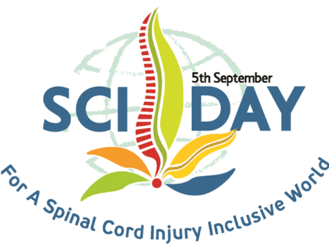 Logo für den "SCI Day" am 5. September, das für eine inklusive Welt für Menschen mit Rückenmarksverletzungen wirbt. Farbenfrohe Elemente symbolisieren Hoffnung und Unterstützung.